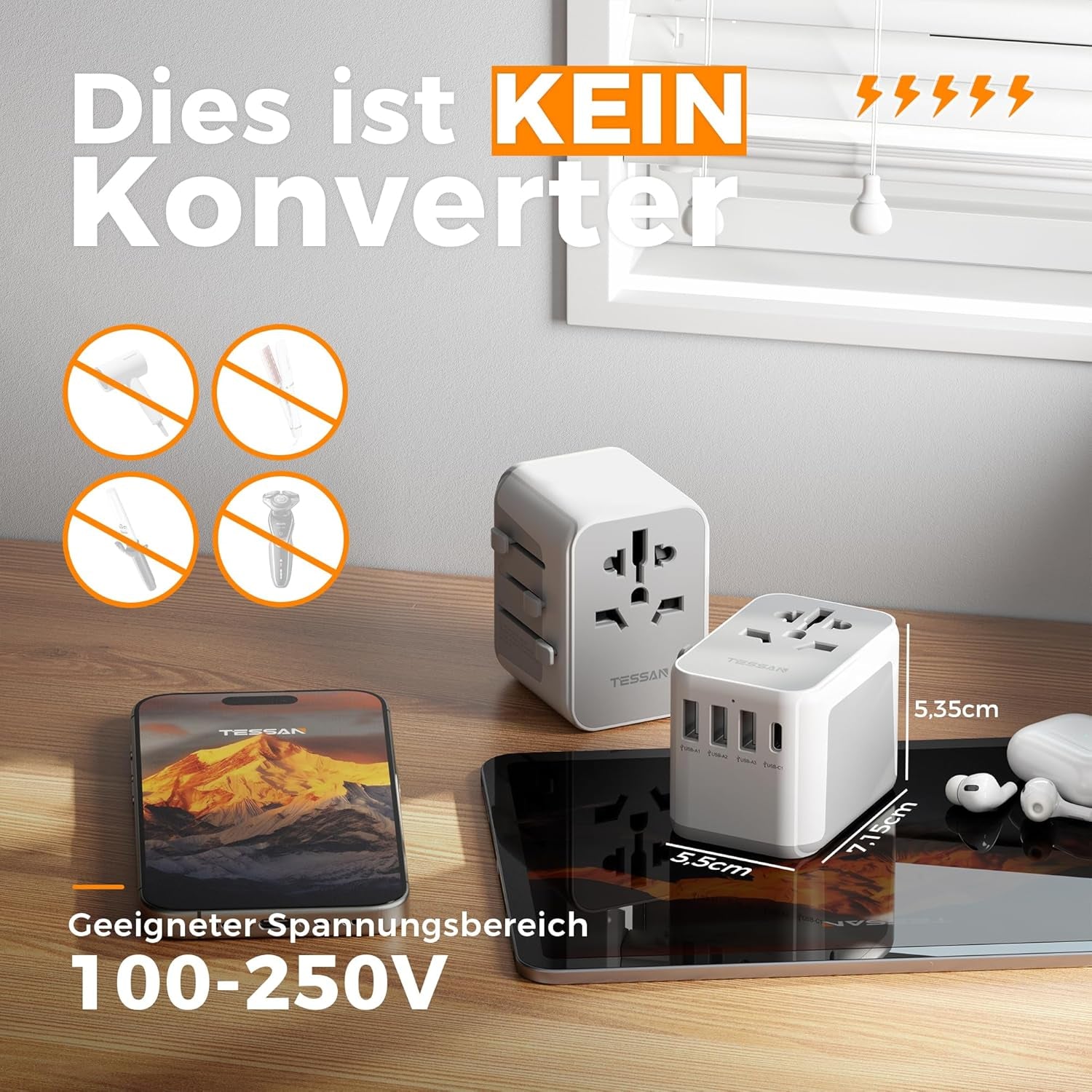 TESSAN Reiseadapter Weltweit, Universal Reisestecker Mit 3 USB a Und 1 USB C, Internationaler Steckdosenadapter, Universaladapter Für England USA Japan Thailand Australien, Travel Adapter