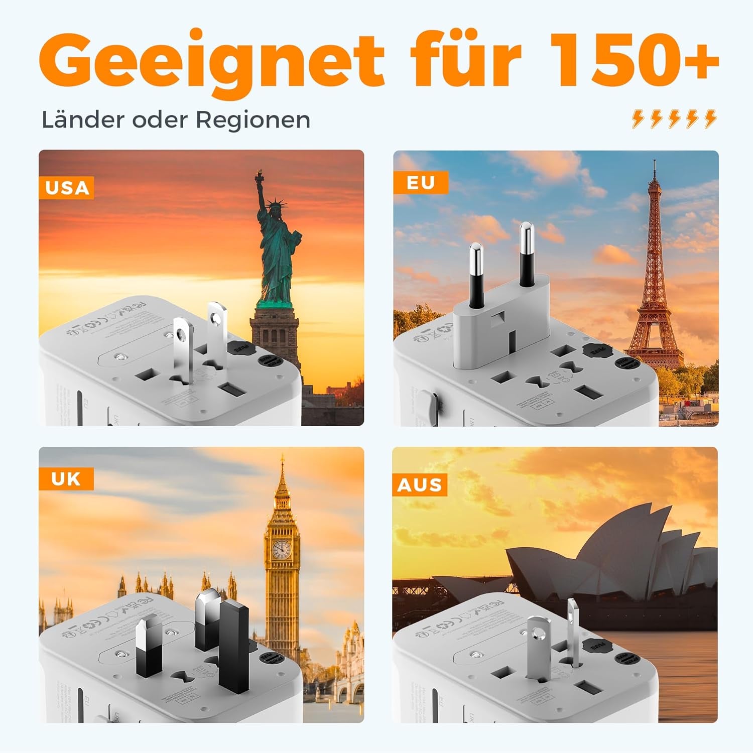 TESSAN Reiseadapter Weltweit, Universal Reisestecker Mit 3 USB a Und 1 USB C, Internationaler Steckdosenadapter, Universaladapter Für England USA Japan Thailand Australien, Travel Adapter