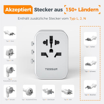 TESSAN Reiseadapter Weltweit, Universal Reisestecker Mit 3 USB a Und 1 USB C, Internationaler Steckdosenadapter, Universaladapter Für England USA Japan Thailand Australien, Travel Adapter